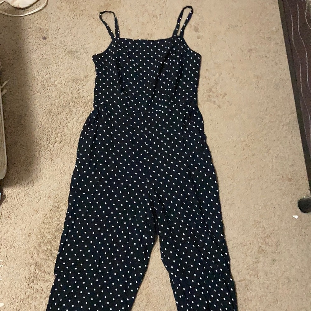 Black spaghetti strap Jumpsuit w/white polka dots